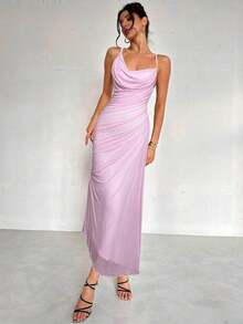 Vestido de estilo elegante y romántico para mujer, adecuado para fiesta, vacaciones, vuelta al colegio, cita romántica y boda, vestido de fiesta con escote en pico, cuello halter, espalda descubierta, efecto fruncido y lazo - Rosa - Ver 4