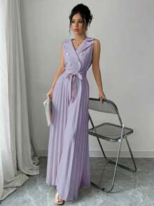 Mono elegante de mujer con diseño de doble botonadura y plisado en color albaricoque, para primavera y otoño - Púrpura malva - Ver 6
