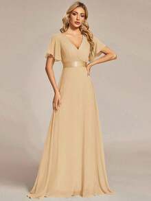Vestido de dama de honor con cuello en V elegante, mangas con volantes y mariposa, color verde salvia, vestido de invitada de boda, vestido de primavera semi-formal para boda, fiesta de cumpleaños, graduación, Día de San Valentín - Champán - Ver 3