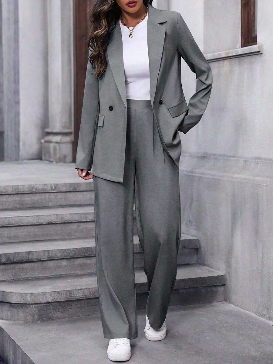 Conjunto de traje informal de mujer con solapa, manga larga y holgado - Gris Oscuro - Ver 1