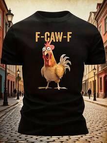 Men's Short Sleeve T-Shirt With Funny Rooster Print "F - CAW - F", Casual Crew Neck Top, Funny Style Men's Clothing For Daily Wear, Crazy Rooster Meme T-Shirt, Screaming Rooster T-Shirt, Short Sleeve Rooster Meme T-Shirt. - 黑色 - 查看 1