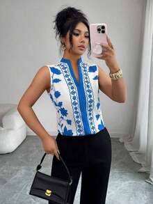 Blusa con cuello en V, estampada y sin mangas con cierre a media altura - Multicolor 2 - Ver 6