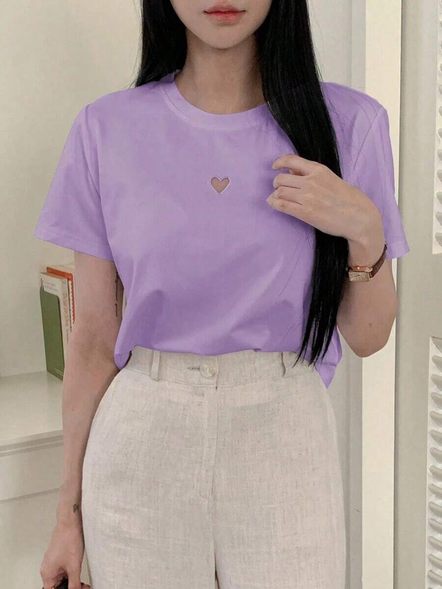 Camiseta casual de verano de mujer con cuello redondo y mangas cortas con detalle de corazón hueco - Morado - Ver 1