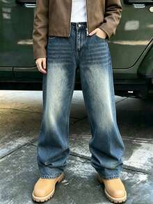 Men's Vintage Washed Loose Fit Casual Blue Jeans - Medium Wash - View 4