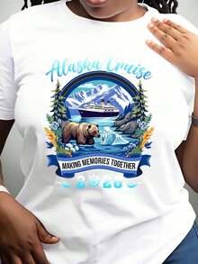 Women's Cotton T-Shirts Alaska Cruise Making Memories Together 2026, T-Shirt For Women And Men, Family Vacation Souvenir, Gift, Summer Travel Shirt With Bear And Boat Design, Women's Basic Blouses. - 白色 - 查看 2