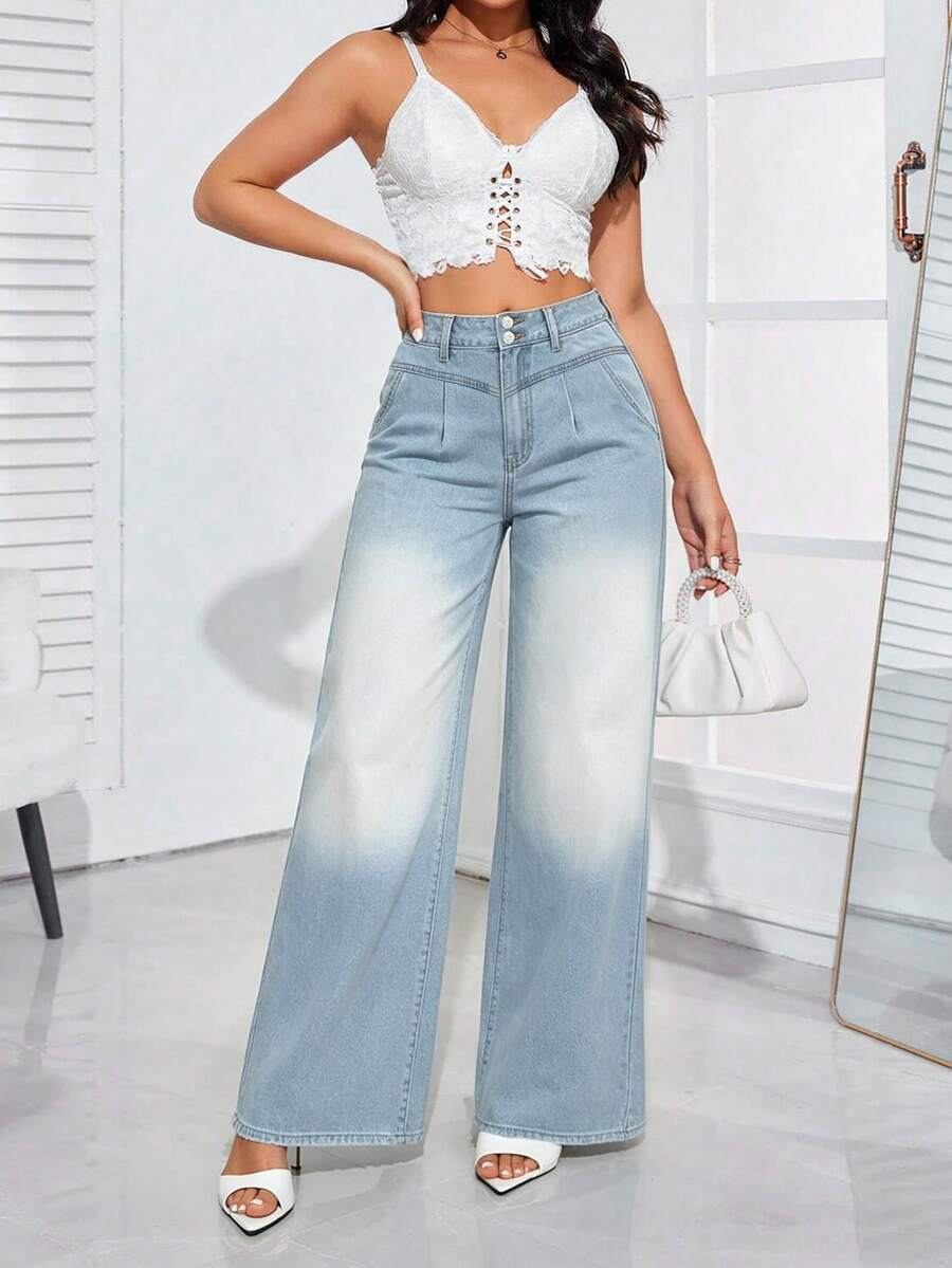 ALO FASHION Pantalones vaqueros largos de mezclilla estilo boho de pierna ancha para mujer, lavados y confeccionados con material de alta elasticidad. - azul real - Ver 1