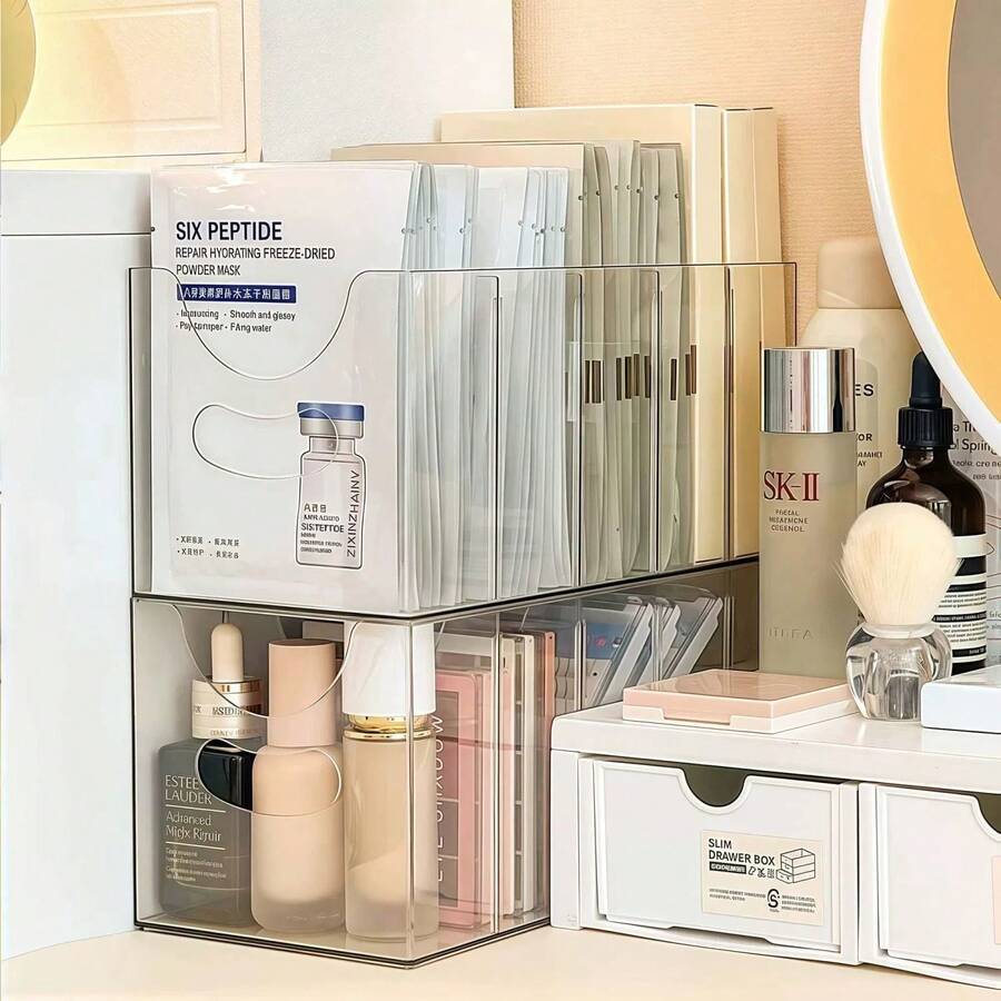 Transparent PP Makeup Organizer Box, Divided Compartments Vanity Countertop Storage Rack For Face Masks, Cosmetics & Skincare Products, Wholesale - Sets - View 1