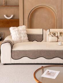 1pc Thick Chenille Jacquard Sofa Cover, Minimalist Solid Color Contrast Design, Pet-Friendly Anti-Dirty Anti-Scratch, Suitable For All Seasons Including Christmas & New Year, Machine Washable, Fits 1/2/3/4 Seater Sofa - Beige - View 3