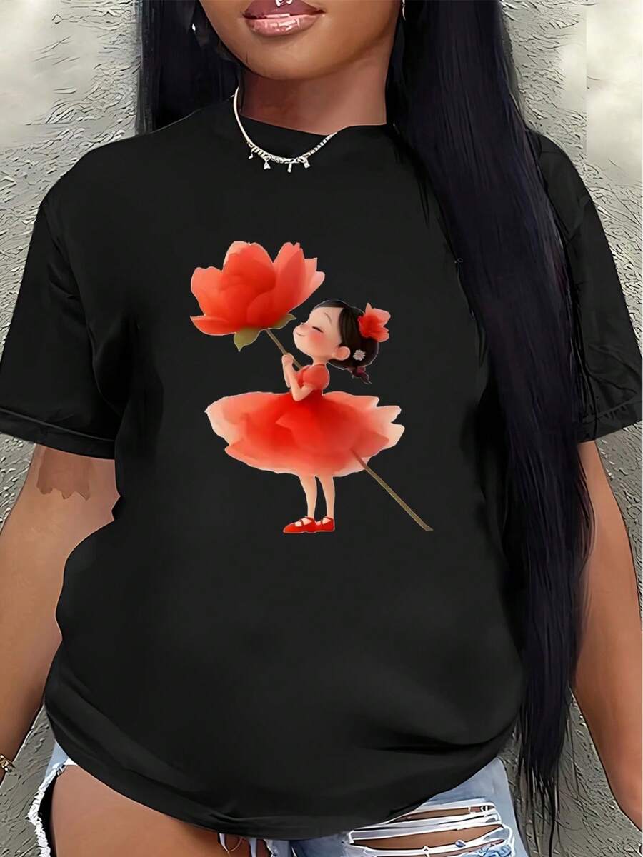 Camiseta de manga corta, ligera y duradera, con un diseño floral rojo de estilo ballet, es perfecta para salidas informales en casa o en una cafetería, ofreciendo una experiencia de uso diario cómoda.women's shirts - Negro - Ver 1