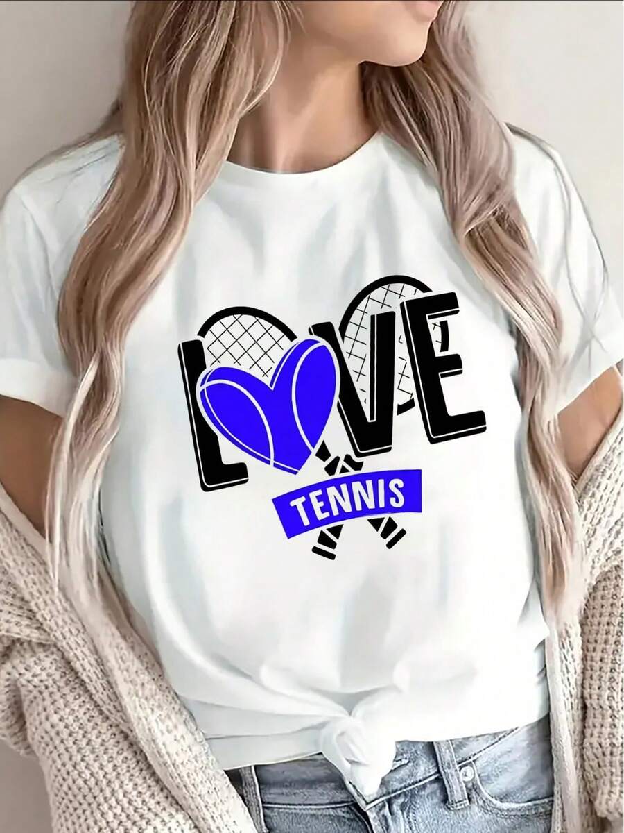 Lightweight And Durable Women's T-Shirt With A Heart-Shaped Tennis Design, Suitable For Leisure At Home, The Gym, Or Outdoor Activities, Making It An Ideal Choice For Tennis Enthusiasts And Sports Lovers. - 白色 - 查看 1