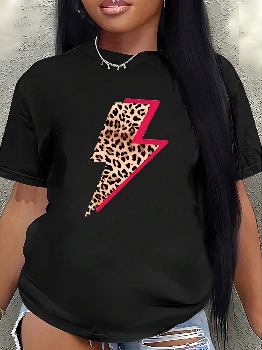 Camiseta de manga corta, ligera y duradera, con un diseño de rayos y estampado de leopardo, es perfecta para salidas informales a restaurantes o salas de estar, ofreciendo una experiencia de uso diario cómoda.women's shirts - Negro - Ver 1
