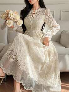 Vestido largo plisado de unicolor elegante con bordado para invitada de boda, vestido de verano - Beis - Ver 6
