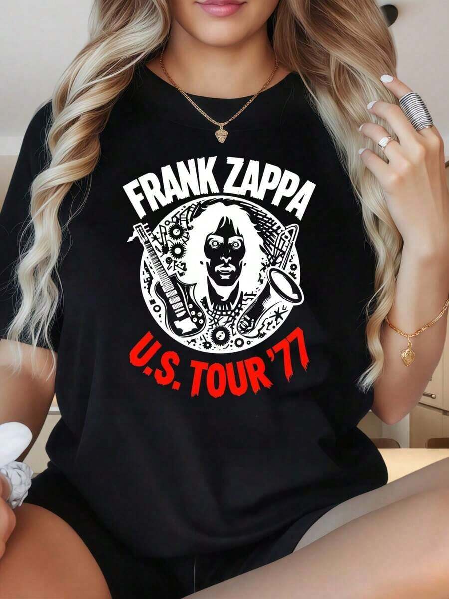 Camisetas gráficas para mujer, camiseta de manga corta con cuello redondo para mujer, camiseta de concierto de la banda Frank Zappa U S Tour 77 para mujer y hombre, camiseta para fans de la música rock, top negro con estampado gráfico. Los estampados divertidos son adecuados para fiestas de Navidad, actividades deportivas, fiestas de vacaciones, salidas, deportes y otros regalos navideños (220g). cotton summer topsplayeras de mujer algodon - Negro - Ver 1