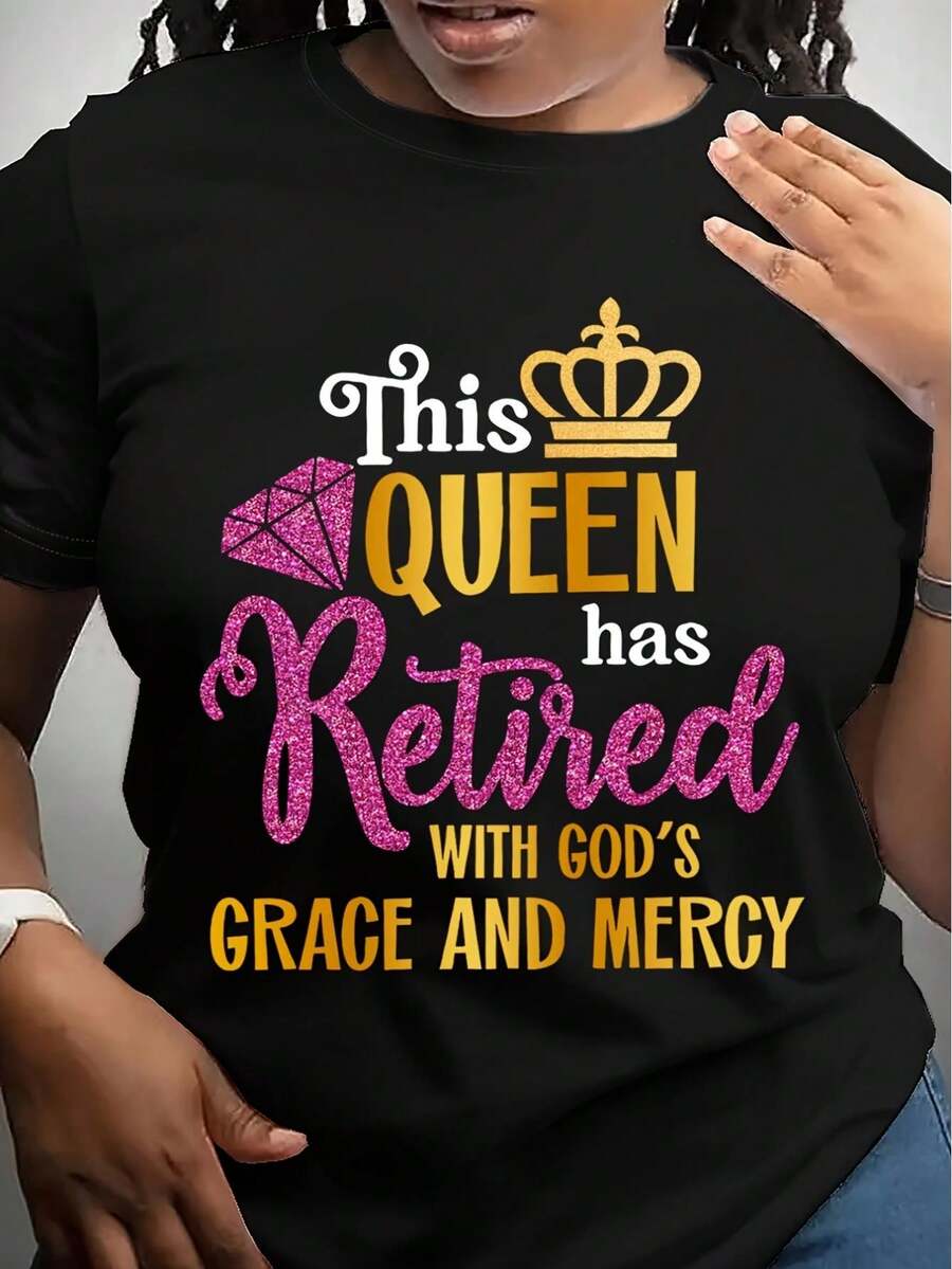 Casual Short Sleeve Retired Print Crew Neck T-Shirt - Women's Spring & Summer Clothing - Black - View 1