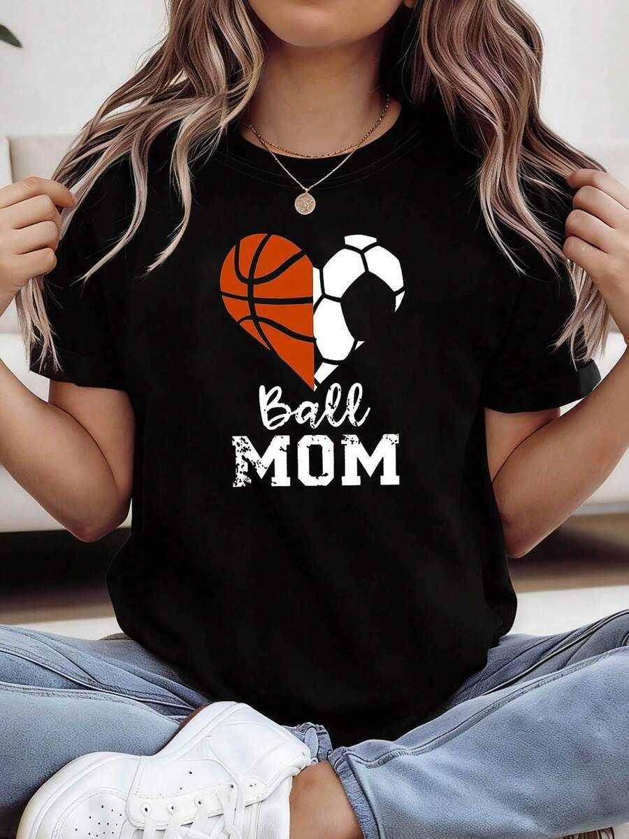 Women's Loose-Fitting Spring/Summer T-Shirt, Urban Style With Distressed Font, Basketball And Soccer Print "Ball MOM". Suitable For Children's Sporting Events, Parent-Child Sports Gatherings, Moms' Daily Commute, Sports-Themed Events, And Casual Streetwear. Soft And Relaxed Loungewear. - 黑色 - 查看 1