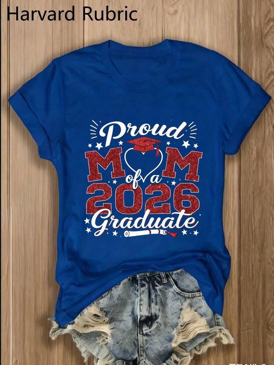 "Proud Mom Of A Class Of 2026 Graduate" T-Shirt - 1 Piece, 100% Multicolor, Crew Neck, Y2K Fashion, Vintage, Breathable, Streetwear, Casual, Versatile, Summer Essential - Gift For Family Reunions, Women's College Graduation T-Shirt - 藍色 - 查看 1