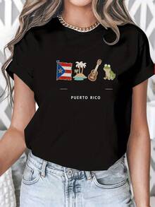 Camiseta casual de manga corta para mujer, ideal para vacaciones de verano, con estampados de la bandera de Puerto Rico, la isla, palmeras, guitarra y ranas, 100% algodón puro, tela cómoda de 220g, estilo casual unisex, adecuada para el verano y el uso diario. - Blanco - Ver 7