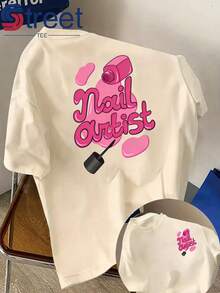 Women's Double-Sided Print Short Sleeve T-Shirt, Summer Casual Style, Round Neck, Fashion Print, Professional Style For Nail Artists, Pink Nail Polish Print, Loose And Slimming Fit, Nail Salon Workwear. - 杏色 - 查看 1