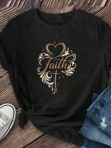 LooseCamiseta de Algodón para Mujer "Faith" Estilo Artístico con Corazones y Letras, Prenda Moderna y Única, Fibra de Poliéster Suave y Transpirable, Elasticidad Media, Lavable a Máquina, Camiseta Casual de Manga Corta para Mujer, Prenda Esencial para Primavera/Verano, Camiseta Casual de Manga Corta con Cuello Redondo y Estampado para Mujer. Camiseta Básica de Algodón con Cuello Redondo para Mujer - Negro - Ver 3