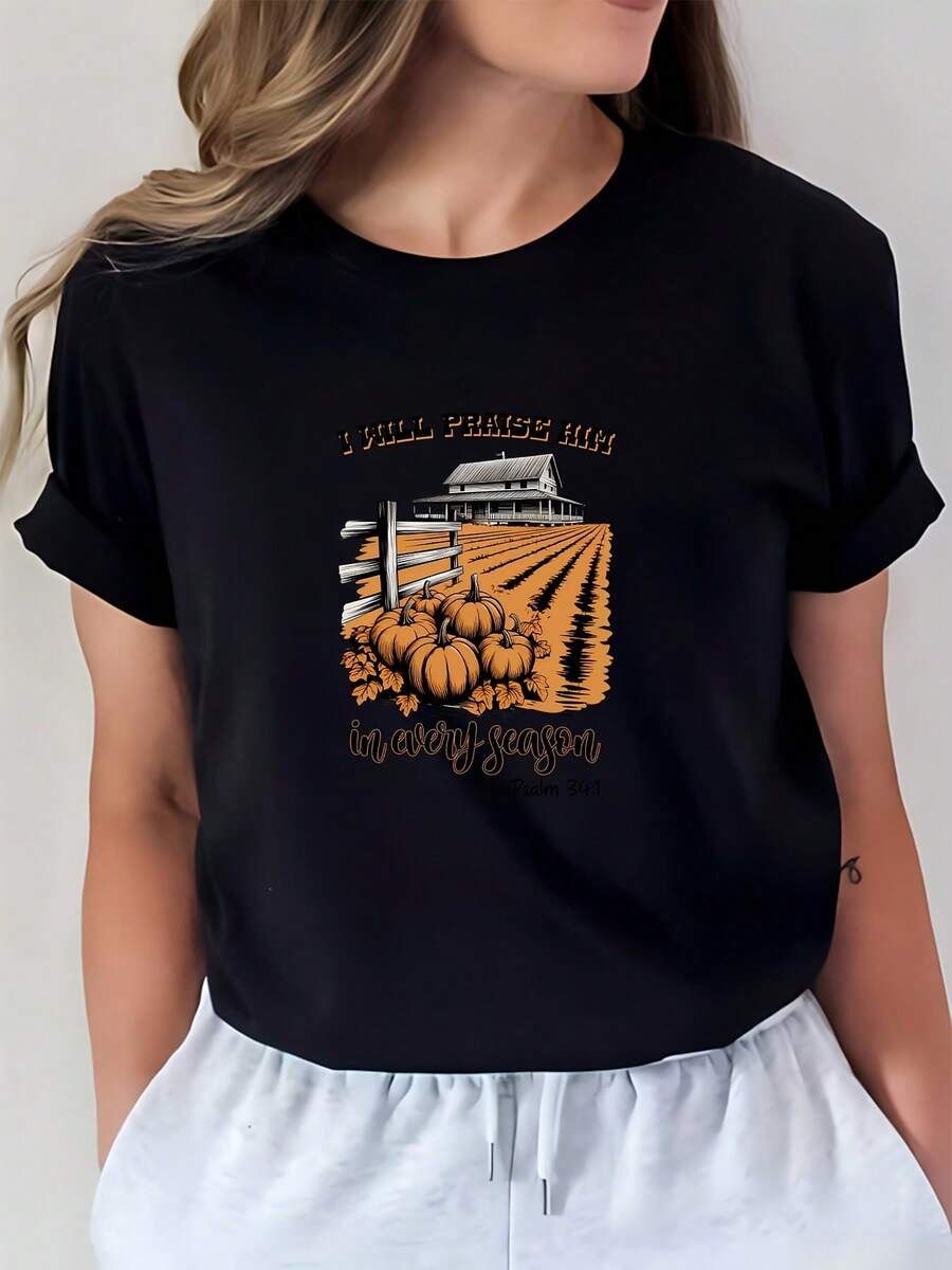 Camiseta de algodón de 180g, cómoda y suave para mujer, regalo de Acción de Gracias para familia u oficina, estilo de moda de otoño, 100% algodón. - Negro - Ver 1