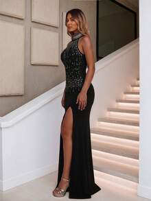 Women's Black Sparkling Rhinestone High Neck Fitted Dress With Slit, Suitable For Holidays, Birthdays, Weddings, Cocktail Parties, Proms, Formal Dinners And Other Occasions - Black - View 6