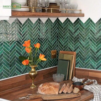 shiny home 1/5/10 Pieces Of Green Herring Bones 3D Self-Adhesive Wall Tiles, Heat-Resistant Detachable Kitchen Backsplash, Waterproof Bathroom Wall Tile Stickers, RV Convenient Wall Tiles, Home Decoration