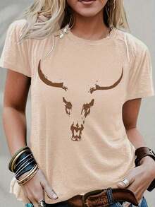 Camiseta con Estampado de Toro - Una Opción de Vanguardia para Entusiastas de Festivales y Amantes del Estilo Bohemio - Estilo Cowgirl a la Moda - Material de Algodón Puro y Suave - Nuevas Camisetas Casuales para Hombres y Mujeres - Albaricoque - Ver 8