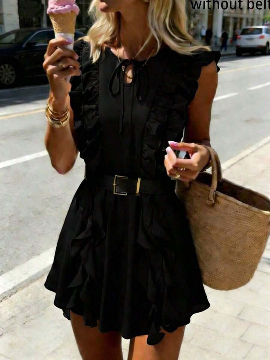 MSPariaura Vestido con diseño de volantes de ancho completo en marrón vintage / Minifalda estilizante con cintura ceñida / Conjunto elegante y dulce Z - Negro - Ver 1