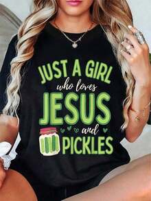 1 Piece Funny And Cute 100% Cotton T-Shirt With The Phrase "A Girl Who Loves Jesus And Pickles" 180g 100% Cotton - 黑色 - 查看 6