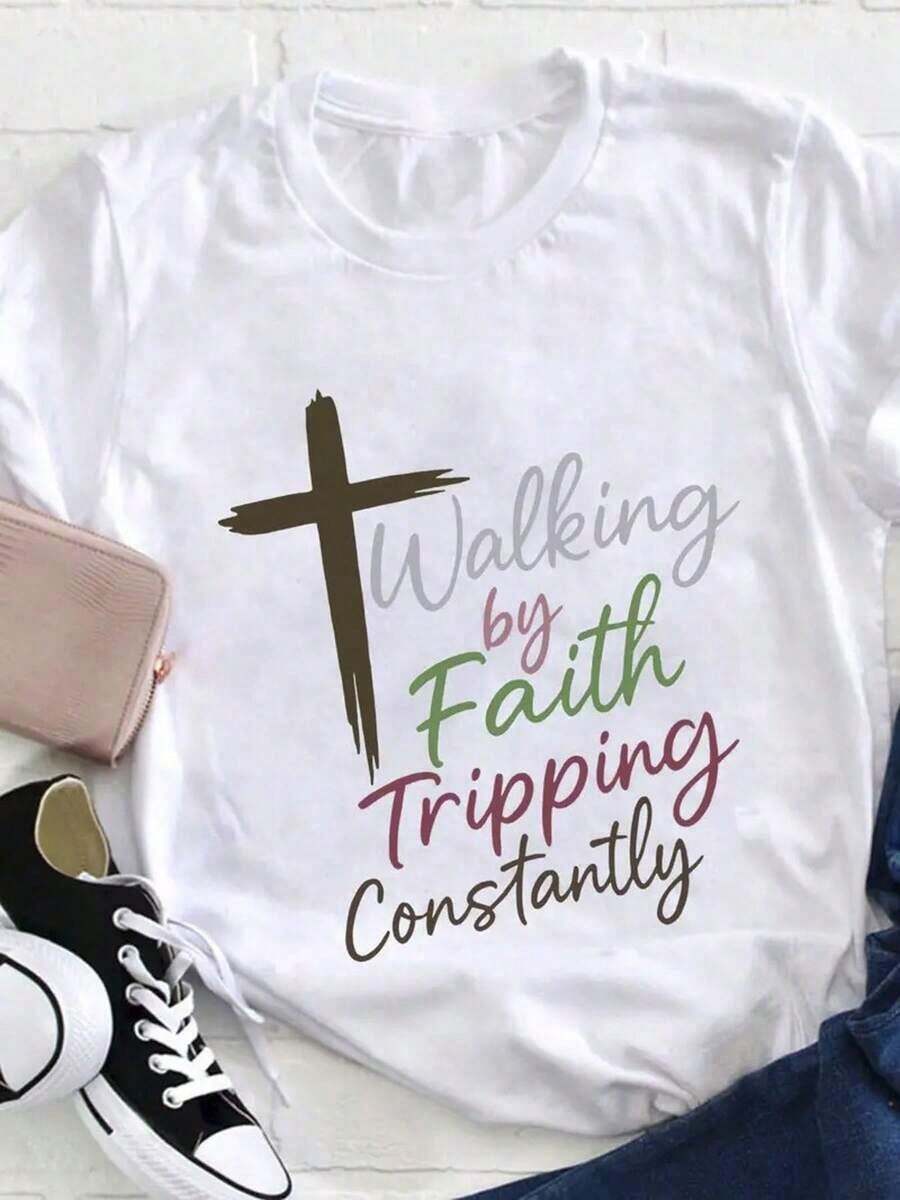 1 Piece Women's Christmas Sweatshirt, Christmas Gift T-Shirt, Casual Women's T-Shirt With 2D Flat Print "Walking By Faith Tripping Constantly", 100% Short Sleeve, Round Neck, Regular Size, Oversized T-Shirt For All Seasons, 180g Fabric, For Valentine's Day, 2D Flat 180g 100% Cotton. - 白色 - 查看 1