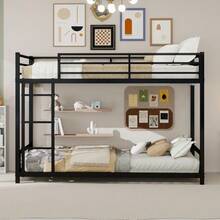 Metal Bunk Bed With Two Single Beds / Heavy, Stable Metal / Low Noise / Safety Railing / No Box Spring Required - Black - View 6