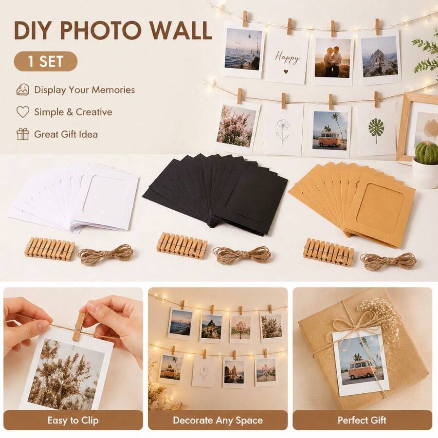 4x6 Inch Faux Leather Hanging Photo Frame, Kraft Paper Clip Rope DIY Wedding Party Home Office Decor Celebration Memory Wall Picture Display - Multicolor - View 1