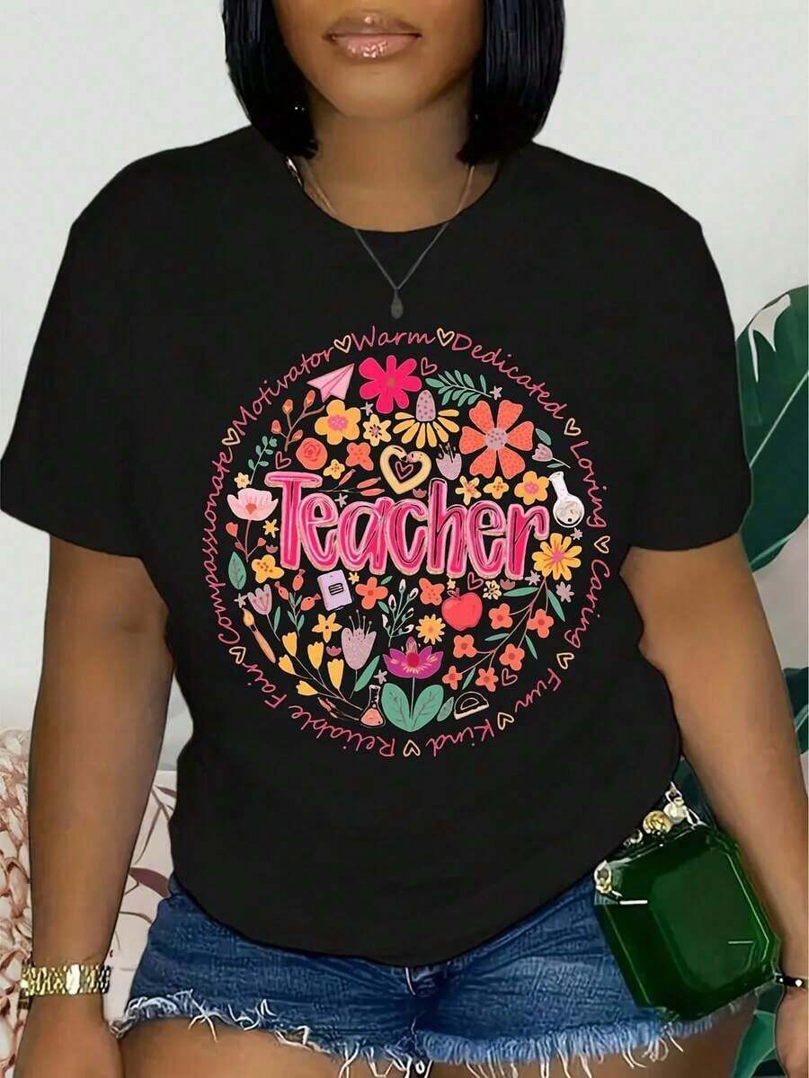 Women's Short-Sleeved T-Shirt, Soft And Breathable, 100% Cotton - Graphic Print With Teacher Theme, Casual Round Neck Top For Back To School Season, Versatile T-Shirt For Educators And Mothers, Teacher T-Shirt. - 黑色 - 查看 1