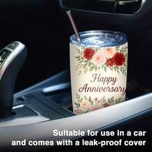 1/5件 20盎司不鏽鋼保溫水壺，防漏蓋，Happy Anniversary玫瑰花卉印花，適合車用杯架，理想的週年禮物、情侶紀念品、週年賀禮 - 週年紀念日 - 查看 4