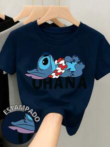 Women's 100% Cotton T-Shirt With Round Neck And Short Sleeves. Original Lilo & Stitch Movie Print. OhanaPure-Cotton - 黑色 - 查看 1
