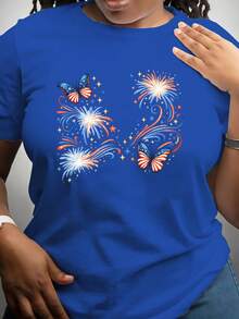 Women's Short Sleeve Independence Day T-Shirt, Commemorative National Flag T-Shirt, Crew Neck Style, Comfortable And Soft Fabric, Suitable For Independence Day, The Fourth Of July, Memorial Day, Presidents' Day, And Children's Celebrations. Casual Women's Blouse - 藍色 - 查看 7