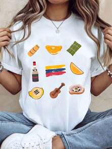 Women's Cotton T-Shirts Venezuelassss Culture Food And Music T-Shirt With Arepa Empanada Plantain Flag Rum And Guitar Design For Venezuelassssn Pride Festival Celebration And Daily Wear, Basic Women's Blouses - 白色 - 查看 7