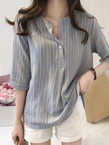 Women's Striped Round Neck Blouses For Petite Women, New Korean Style Three-Quarter Sleeve Shirt For Summer, Loose Casual Shirt. - 灰色 - 查看 2