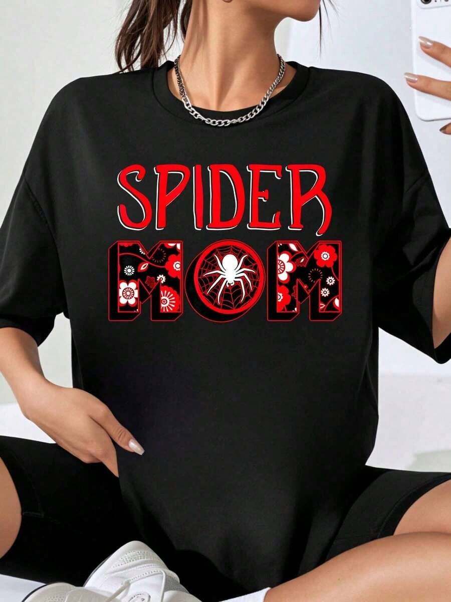 Spider Mom Women's Plus Size White T-Shirt With Spiderweb And Flower Graphic Design, Casual Summer Style, Ideal As A Mother's Day Gift - 黑色 - 查看 1