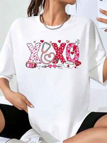 Camiseta Gráfica con Estampado de Estetoscopio y Corazón de Enfermera Xoxo para Mujer, Regalo para el Día de San Valentín, Ropa Casual, Top de Moda, Playera Holgada para Mujer - Blanco - Ver 7