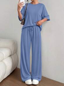 PRETTYGARDEN Women's Summer Clothes 2 Piece Sets Lounge For Short Sleeve Matching Airport Travel Outfits Casual Gray Blue Vacation Summer Brunch Outfits For Women Mothers Day Outfit - 灰藍色 - 查看 4