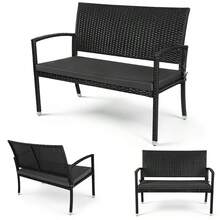 Schwarze Doppel-Balkonbank mit abnehmbaren und waschbaren Kissen, im Rattan-Look, XXL, bequeme Gartenbank, ergonomisch, für den Außenbereich, Parks, Balkone und Terrassen - Schwarz - Übersicht 1
