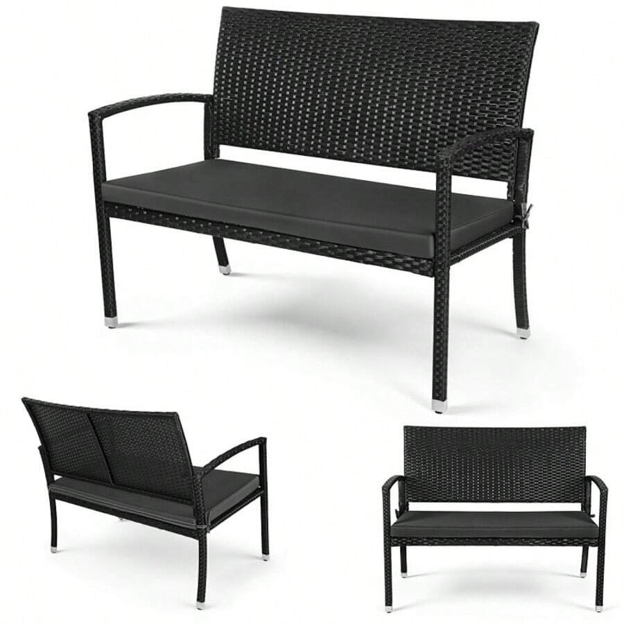 Schwarze Doppel-Balkonbank mit abnehmbaren und waschbaren Kissen, im Rattan-Look, XXL, bequeme Gartenbank, ergonomisch, für den Außenbereich, Parks, Balkone und Terrassen - Schwarz - Übersicht 1