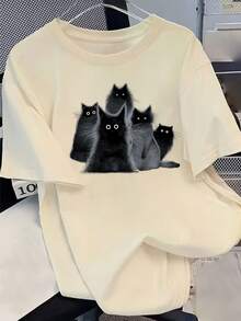 Women's Cotton T-Shirts With Round Neck, Women's Summer Casual Clothing, Fluffy Black Kitten Print T-Shirt, Pure Cotton Round Neck Top, Simple T-Shirt For Everyday Wear. - 杏色 - 查看 7
