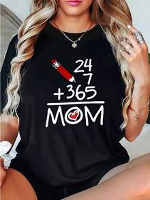 MOM Pattern Print T-Shirt, Comfortable Casual T-Shirt For Women For All Seasons, Fashionable Crew Neck T-Shirt For Women, One Size T-Shirt - Vintage Urban Style, Unisex Loose Fit Cotton Short Sleeve Crew Neck T-Shirt - 黑色 - 查看 1