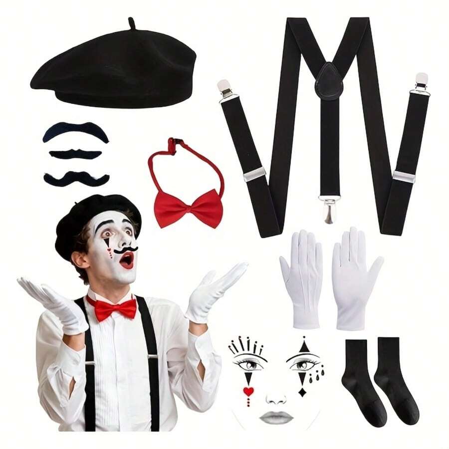 9件套完整中性法式默劇表演服裝套裝，包含面具、手套、寬鬆長褲與角色扮演服裝 - 適用於劇場、嘉年華、萬聖節和聖誕派對主題表演 - 藝術家專業默劇服裝 - 彩色 - 查看 1