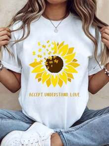 Sunflower Autism Awareness T-Shirt, Acceptance, Understanding And Love T-Shirt For Men And Women, Autism Support Gift, Summer Casual Wear, 220g - Urban Vintage Style, Unisex Short Sleeve Crew Neck T-Shirt Made Of 100% Pure Cotton - 白色 - 查看 7