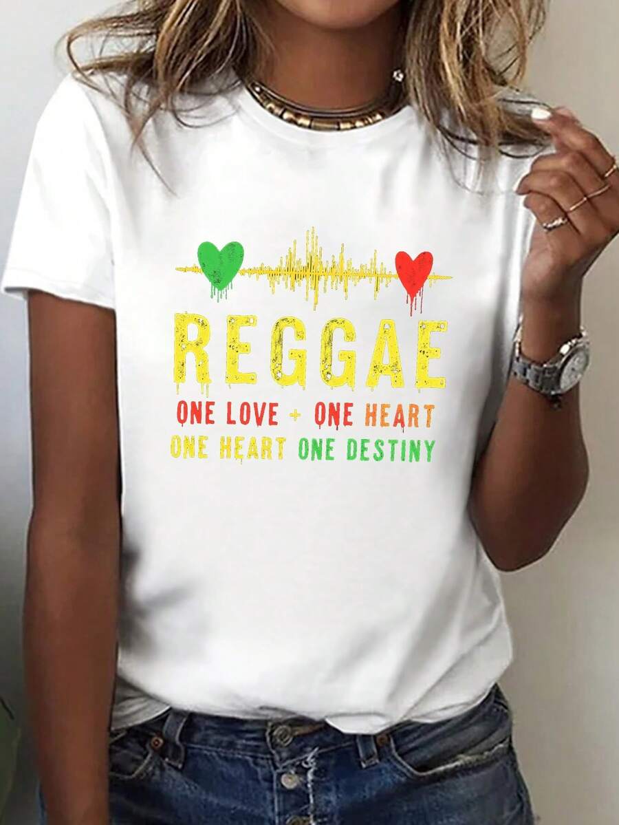 Women's T-Shirt With Reggae Music And Sound Print - Short-Sleeved, Round-Neck T-Shirt With Jamaican Reggae Theme Design, Suitable For Festivals And Daily Wear, Casual Short-Sleeved Shirt For Spring/Summer, Blouses For Women. - 白色 - 查看 1