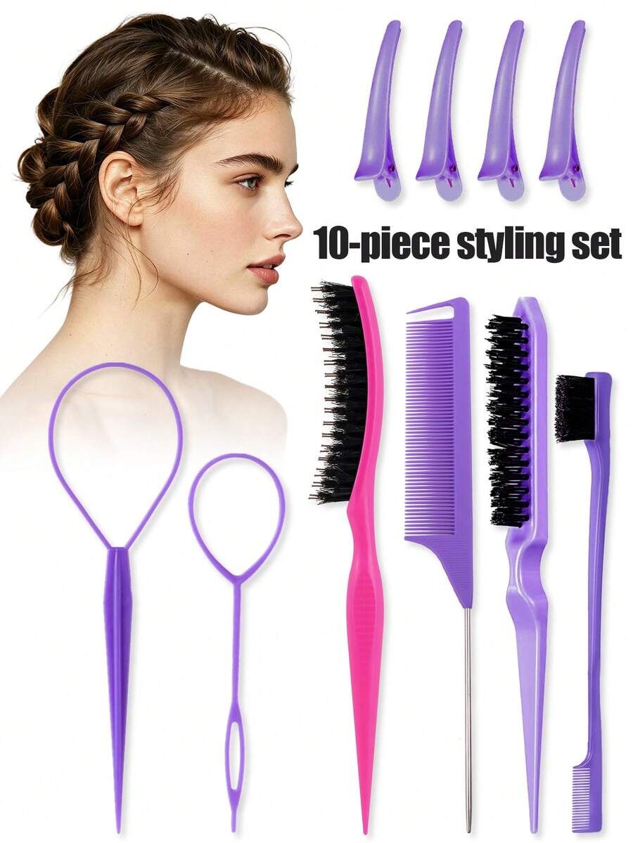 Bộ dụng cụ tạo kiểu tóc 4/6/8/10 món, bao gồm lược tạo kiểu, lược đuôi chuột, lược bấm xoăn, kẹp tóc, lược ba hàng, dụng cụ tạo kiểu chuyên nghiệp - Tạm biệt mái tóc bết, thiếu sức sống (Màu tím)