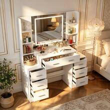 Large Dressing Table With LED Lighted Mirror Stool 10 Shelves Vanity Makeup Desk - Dressing Table With Drawers Mirror Stool Set Makeup Desk Vanity Table Bedroom - White - View 5